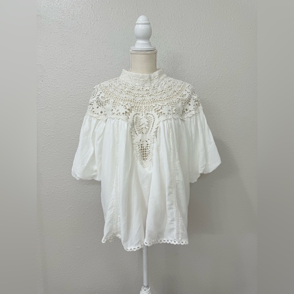 Anthropologie Mock-Neck Puff-Sleeve Lace Blouse Size XLP - Picture 5 of 13